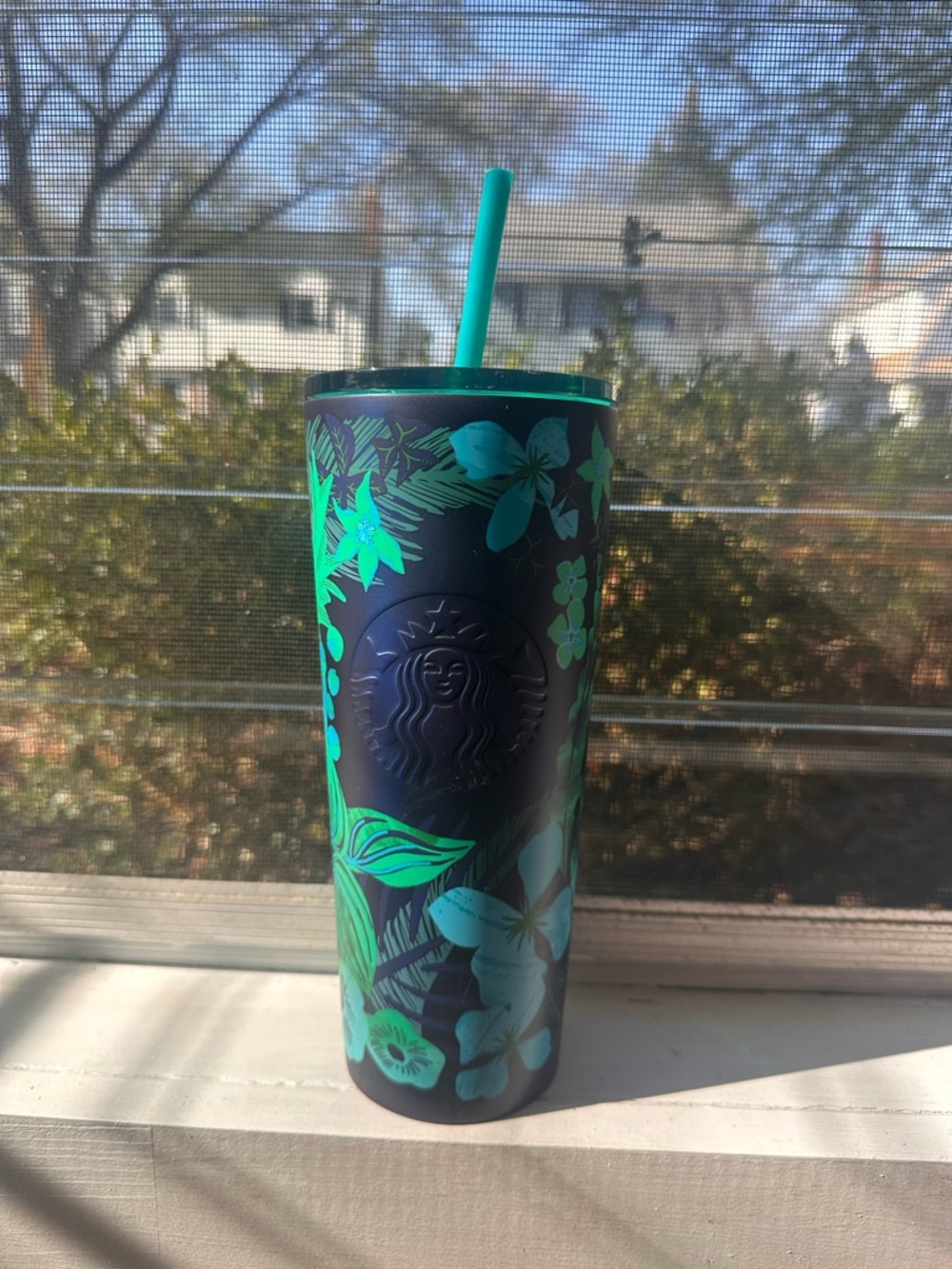 Starbucks Navy Tumbler with Teal Floral Design